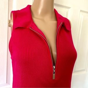 L-Boston Proper-Pink Sleeveless Knit Collared V-Neck w/Zipper-Form Fitting